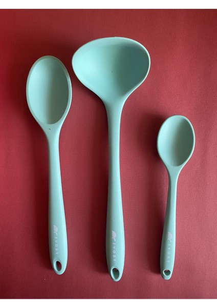 Isıya Dayanıklı, Yapışmaz Silikon Kaşık Seti 3 Parçalı, 28CM ve 20CM, Mavi