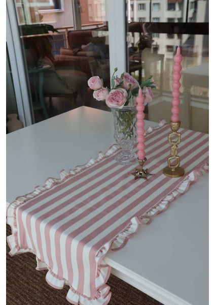 Pembe Çizgili Fırfırlı Vintage Keten Runner, Şık ve Şirin Dekorasyon Seçeneği
