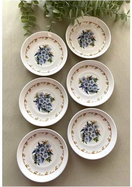 Mavi 6'lı Yediveren Çiçekli Çay Tabağı Seti