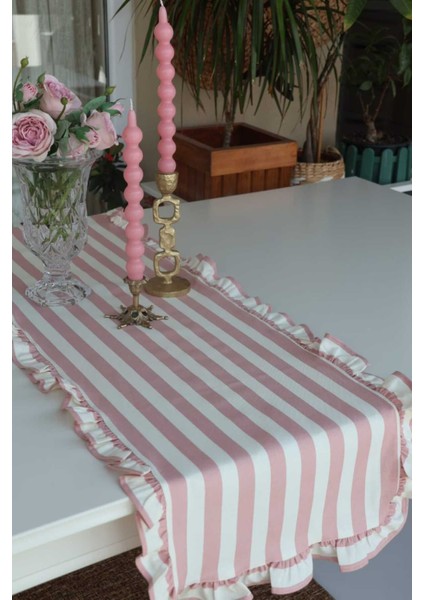 Pembe Çizgili Fırfırlı Vintage Keten Runner, Şık ve Şirin Dekorasyon Seçeneği fiyatları