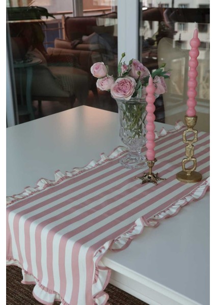Pembe Çizgili Fırfırlı Vintage Keten Runner, Şık ve Şirin Dekorasyon Seçeneği modelleri