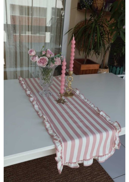 Pembe Çizgili Fırfırlı Vintage Keten Runner, Şık ve Şirin Dekorasyon Seçeneği fırsatları