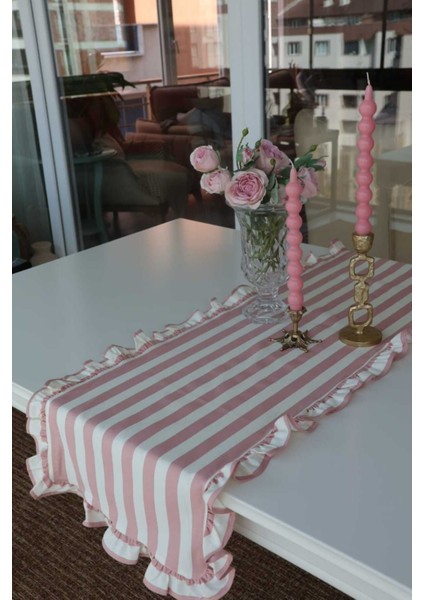 Pembe Çizgili Fırfırlı Vintage Keten Runner, Şık ve Şirin Dekorasyon Seçeneği indirimleri