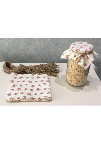 50 Adet Beyaz Kavanoz Kapağı Kumaşı ve Boncuklu Bağlama Ipi Seti