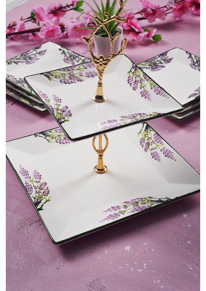 Çift Katlı Seramik Lavanta Desenli Sunum ve Ikram Tabağı Seti