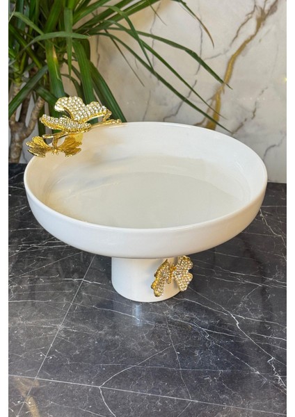 Beyaz Porselen Kelebek Ayaklı Sunum Kase ve Meyve Tabakları