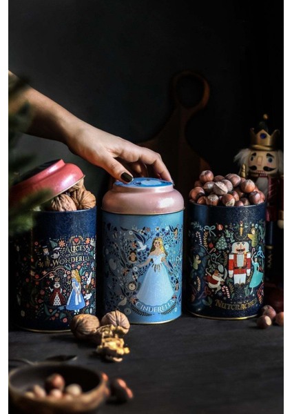 Desenli 3'lü Yuvarlak Metal Saklama Kabı Seti, Lacivert, 10,5X15 Cm, 1,1 Lt