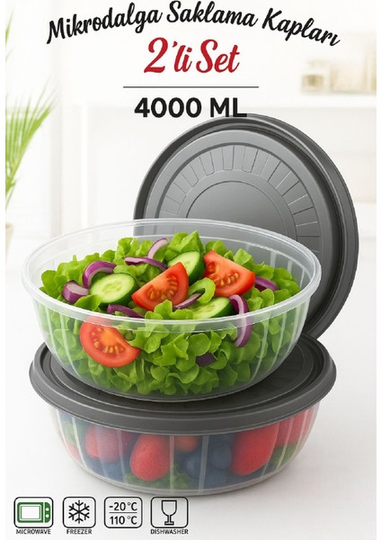 2 Adet Yuvarlak Kapaklı Saklama Kabı Seti, Mikrodalga ve Dondurucu Uyumlu, Şeffaf, 4 Lt