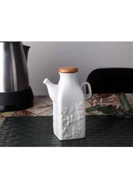 Beyaz Kare Porselen Yağlık ve Sirkelik, Kelebek Desenli, 600 ml