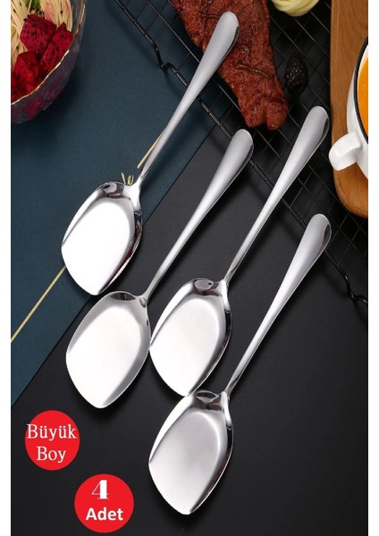 4'lü Büyük Boy Paslanmaz Çelik Servis Kaşığı Seti, Salata ve Pasta Için Mutfak Aracı