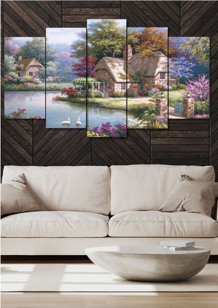 5 Parça Renkli Göl ve Köy Manzaralı Duvar Dekoru, Salon, Yatak Odası, Ofis Için