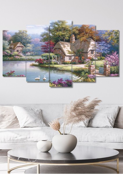 5 Parça Renkli Göl ve Köy Manzaralı Duvar Dekoru, Salon, Yatak Odası, Ofis Için fiyatları
