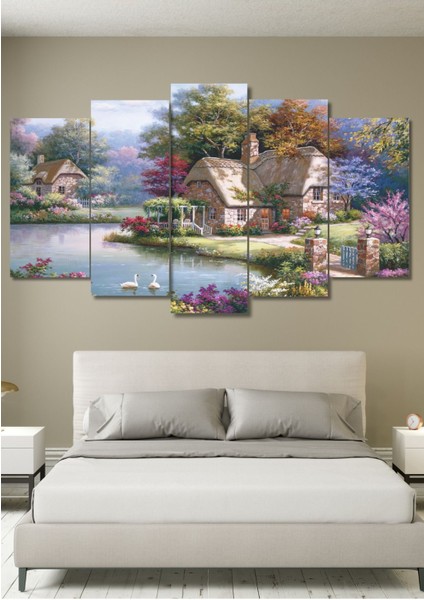 5 Parça Renkli Göl ve Köy Manzaralı Duvar Dekoru, Salon, Yatak Odası, Ofis Için modelleri