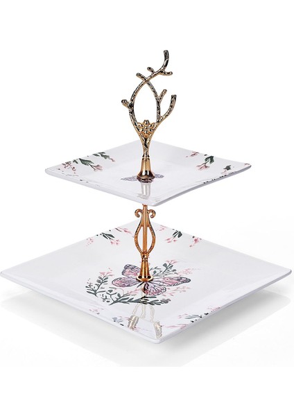 Çift Katlı Renkli Seramik Kelebek Desenli Kurabiyelik ve Sunum Tabağı Seti fiyatları