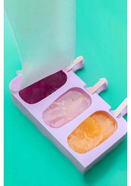 3’lü Silikon Dondurma Kalıbı, 50 Çubuk, Pratik ve Eğlenceli Yapım Seti fırsatları