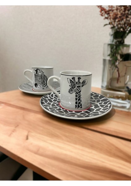 Şık Siyah Beyaz Zebra ve Zürafa Motifli 2'li Kahve Fincan Takımı