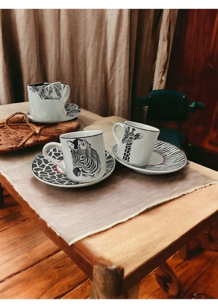 Şık Siyah Beyaz Zebra ve Zürafa Motifli 2'li Kahve Fincan Takımı modelleri