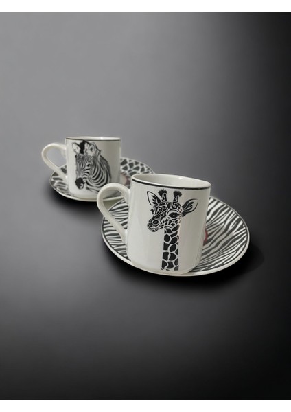 Şık Siyah Beyaz Zebra ve Zürafa Motifli 2'li Kahve Fincan Takımı fırsatları