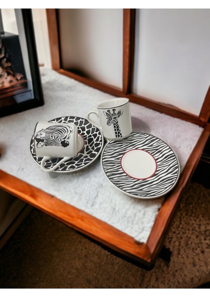 Şık Siyah Beyaz Zebra ve Zürafa Motifli 2'li Kahve Fincan Takımı indirimleri