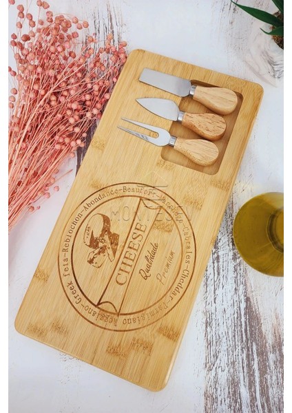 Bambu 4 Parça Peynir Sunum Tahtası Seti, Şık ve Doğal Peynir Tabağı Mükemmelliği