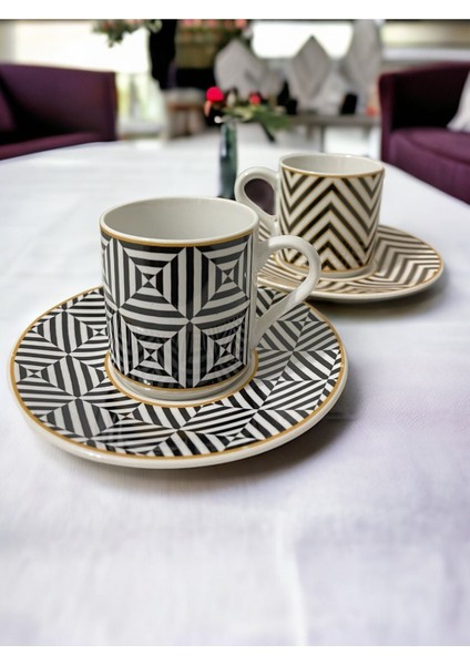 Şık Beyaz Altın Yaldızlı 2 Kişilik Porselen Kahve Fincanı Seti