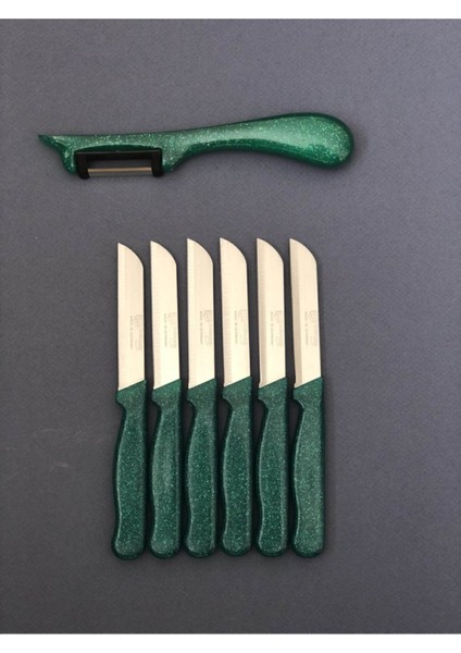 6'lı Tırtıklı Simli Zümrüt Yeşili Meyve Sebze Bıçağı ve Yan Soyacak