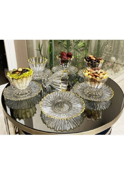 6 Kişilik 12 Parça Yaldızlı Ayaklı Şık Çerezlik ve Dondurma Kabı Seti