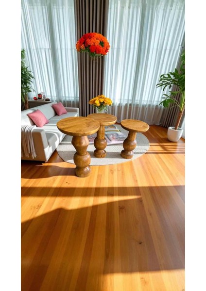 Doğal Ahşap 3’lü Sehpa Takımı – Mantar Model Tik Renk Masif Zigon Sehpalar