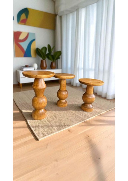 Doğal Ahşap 3’lü Sehpa Takımı – Mantar Model Tik Renk Masif Zigon Sehpalar modelleri