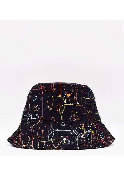 Desenli Kova Balıkçı Şapka Bucket Hat Siyah