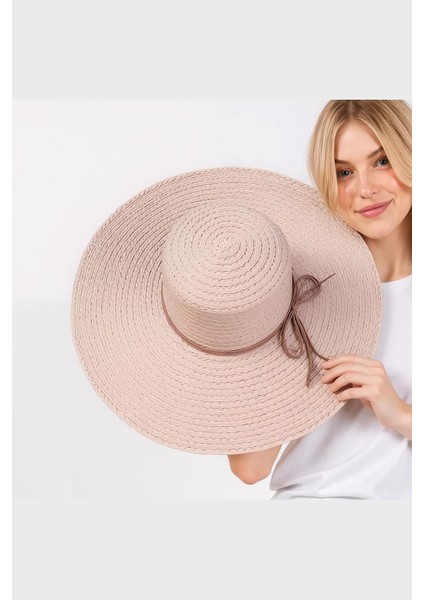 Premium Rafya Oversize Pembe Geniş Hasır Plaj Şapkası
