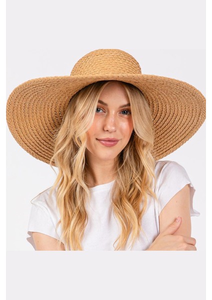 Premium Rafya Oversize Camel Geniş Hasır Plaj Şapkası
