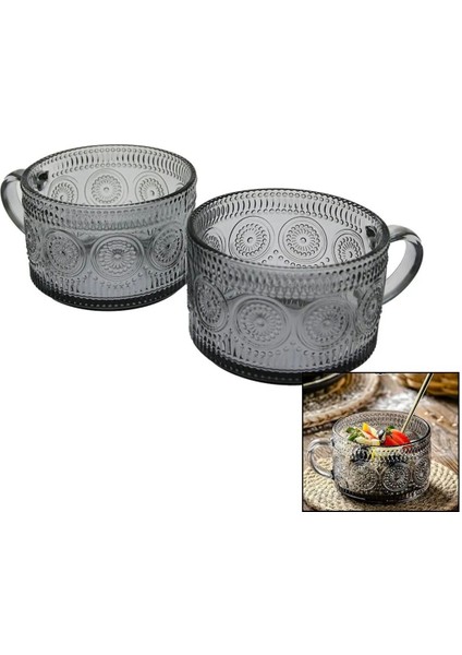 2 Parça Desenli Kulplu Cam Kase Bardak, 410ML, Aron Grey, Renkli Set