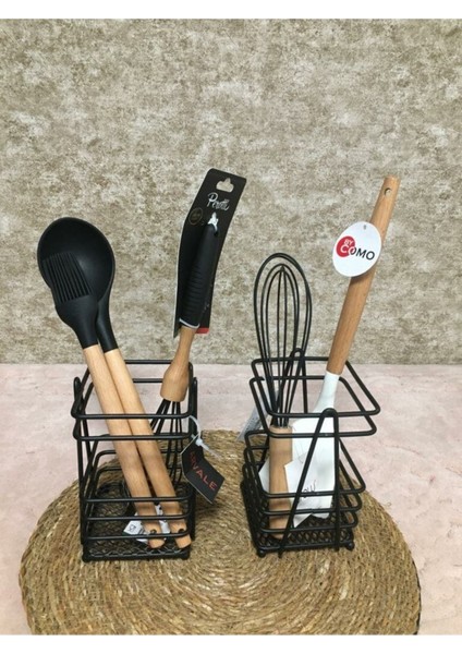 Şık Ferforje Metal Tezgah Üstü Kaşıklık ve Çatallık Seti, Siyah Renkli, 1 Adet