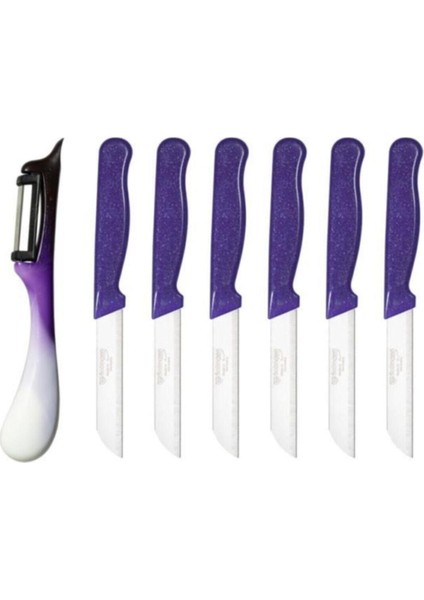 Mor Simli Desenli 6'lı Bıçak ve Yan Soyacak Seti, Şık ve Kullanışlı.