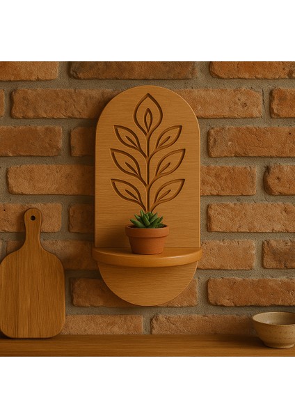 Minimal Meşe Duvar Rafı 1 Kademeli Gravür Işleme