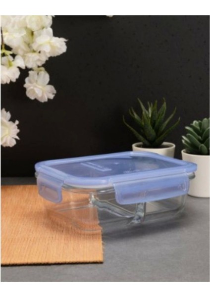 Şeffaf Bölmeli Cam Saklama Kabı 630 cc Mavi, Pratik ve Şık Mutfak Çözümü