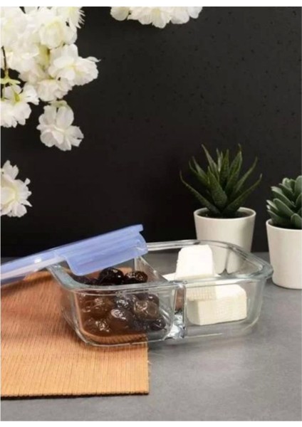 Şeffaf Bölmeli Cam Saklama Kabı 630 cc Mavi, Pratik ve Şık Mutfak Çözümü fiyatları