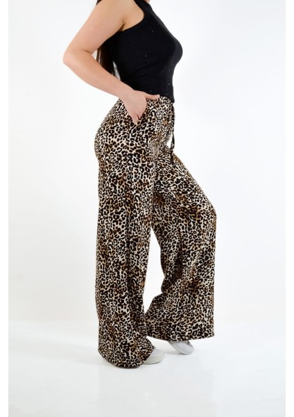 Leopar Desenli Bol Paça Palazzo Pantolon - Bej-Siyah fiyatları