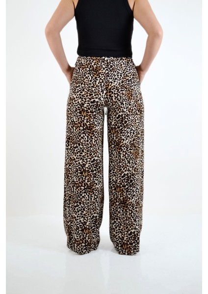 Leopar Desenli Bol Paça Palazzo Pantolon - Bej-Siyah modelleri