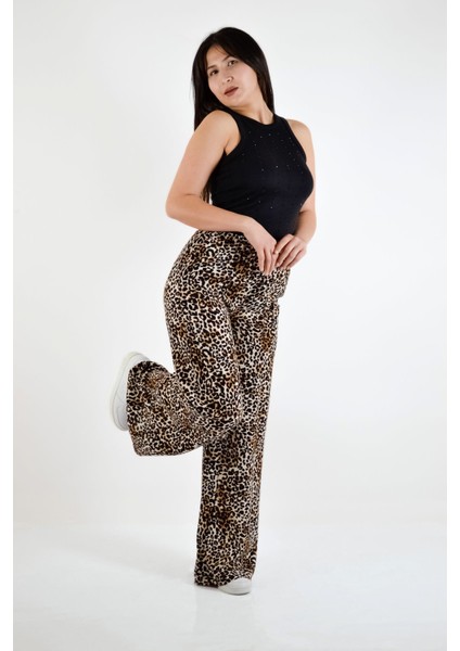 Leopar Desenli Bol Paça Palazzo Pantolon - Bej-Siyah fırsatları