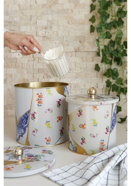 Yeşil Sugi Desenli Metal Saklama Kabı 2'li Set, 2.1 ve 4.1 Litre