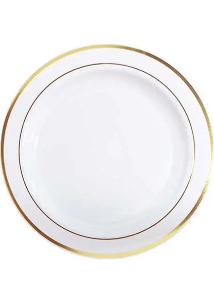 Plastik Gold Renk Işlemeli Beyaz Tabak 26 cm - 6 Adet