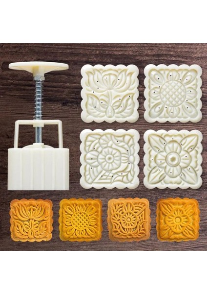 Beyaz Kare Mooncake Kalıbı 4'lü Set, Şekilli Kurabiye ve Tatlı Kalıbı