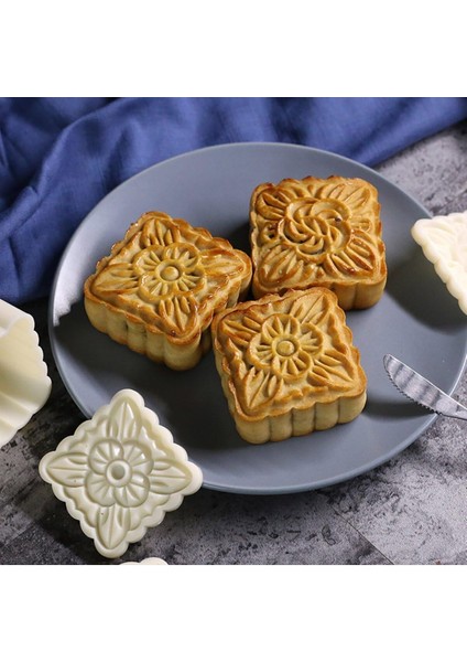 Beyaz Kare Mooncake Kalıbı 4'lü Set, Şekilli Kurabiye ve Tatlı Kalıbı modelleri