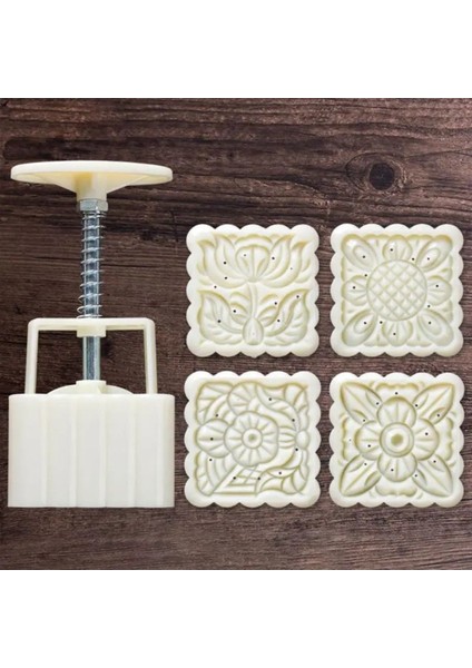 Beyaz Kare Mooncake Kalıbı 4'lü Set, Şekilli Kurabiye ve Tatlı Kalıbı