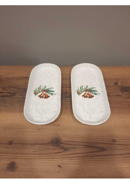 Yılbaşı Temalı 2'li Seramik Kayık Tabak, 26 Cm, Noel Baba, Çam Ağacı, Yeni Yıl Kutlaması