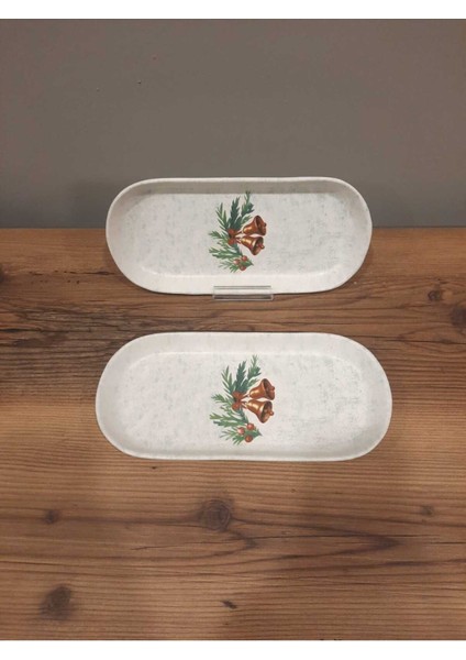 Yılbaşı Temalı 2'li Seramik Kayık Tabak, 26 Cm, Noel Baba, Çam Ağacı, Yeni Yıl Kutlaması