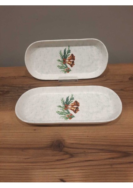 Yılbaşı Temalı 2'li Seramik Kayık Tabak, 26 Cm, Noel Baba, Çam Ağacı, Yeni Yıl Kutlaması