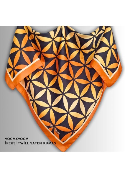 Turuncu Eşarp Ipeksi Twill Saten Kumaş Yaşam Çiçeği Desenli